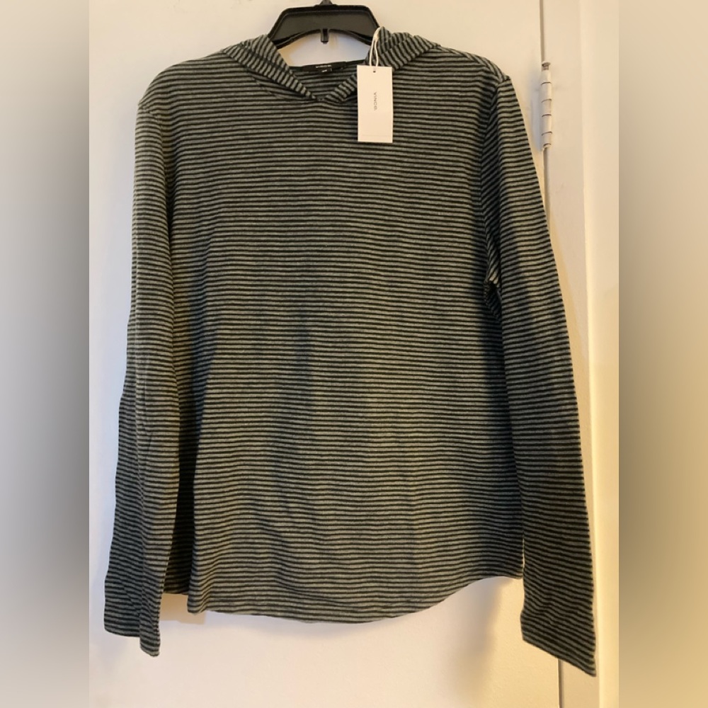 NWT Men’s Vince Long Sleeve Hood Striped Shirt Black Grey M $165 Tag